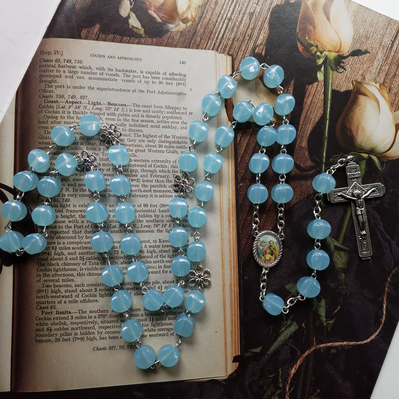 christiandiscipleshop Holy Family & Crucifix of 10mm Polyhedron Blue Acrylic Alloy Chain Rosary