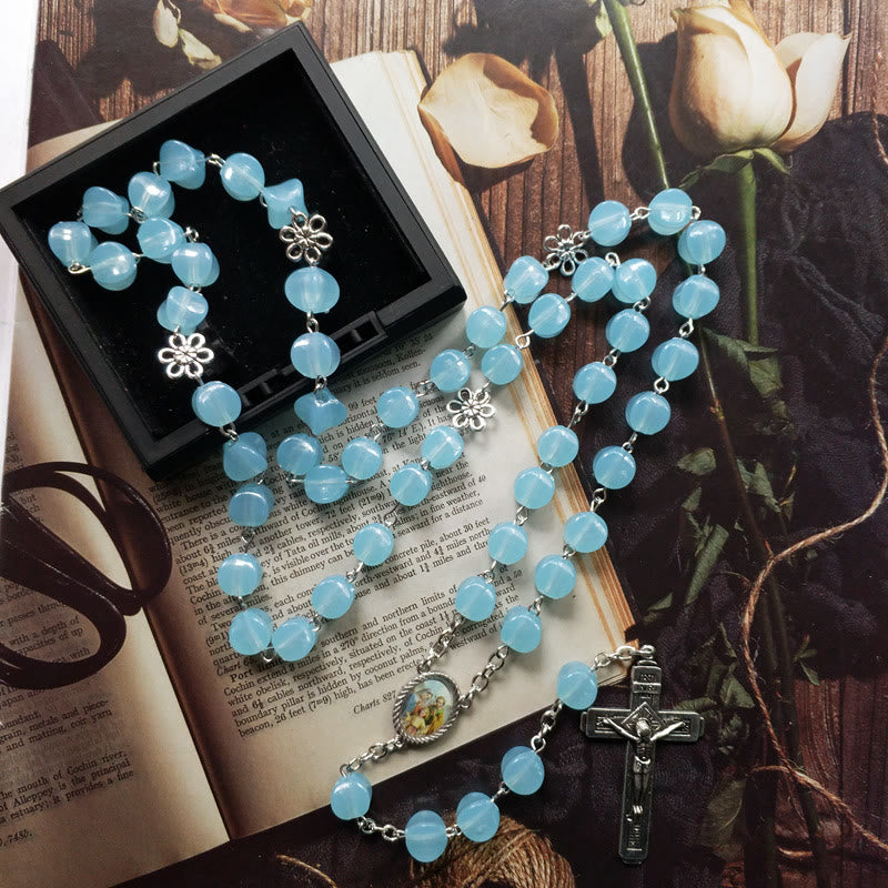 christiandiscipleshop Holy Family & Crucifix of 10mm Polyhedron Blue Acrylic Alloy Chain Rosary