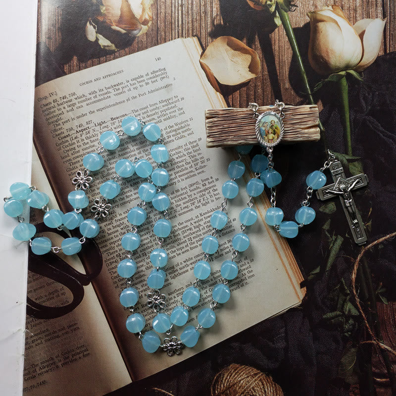christiandiscipleshop Holy Family & Crucifix of 10mm Polyhedron Blue Acrylic Alloy Chain Rosary