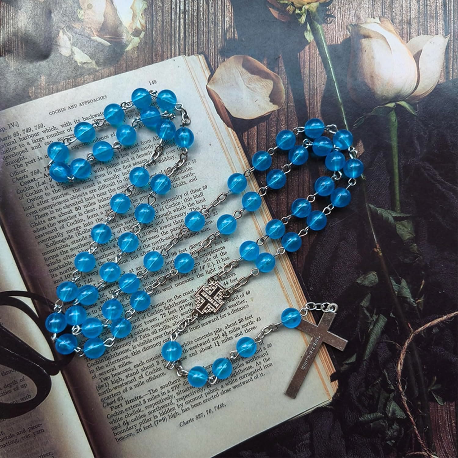 christiandiscipleshop Jerusalem Medal & Crucifix of 8mm Round Blue Acrylic Alloy Chain Rosary