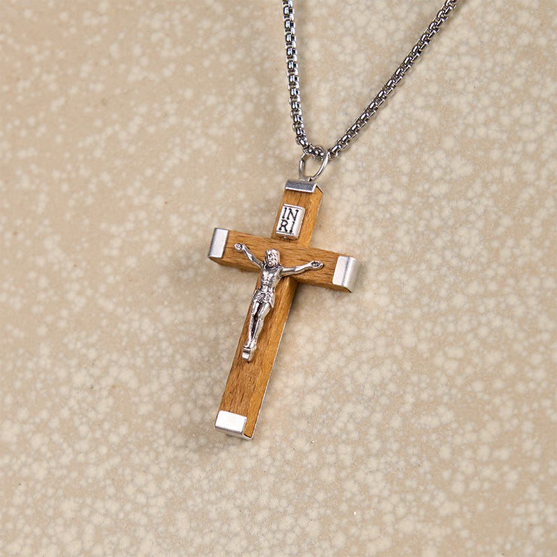 Christiandiscipleshop Retro Style Jesus Icon Crucifix Wood & Alloy Pendant Necklace