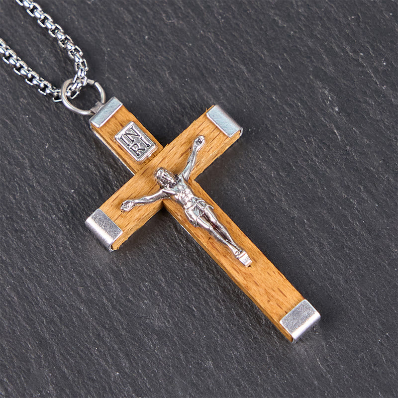 Christiandiscipleshop Retro Style Jesus Icon Crucifix Wood & Alloy Pendant Necklace