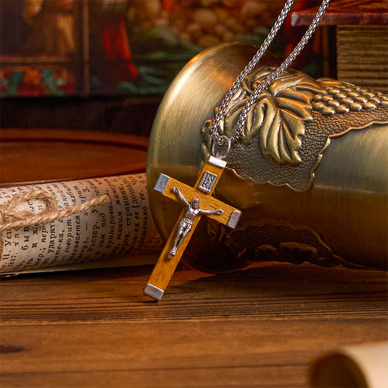 Christiandiscipleshop Retro Style Jesus Icon Crucifix Wood & Alloy Pendant Necklace