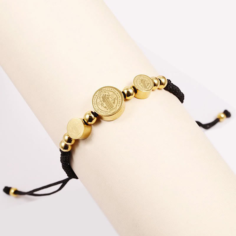 christiandiscipleshop Stainless Steel Braided St. Benedict Black Rope String Bracelet