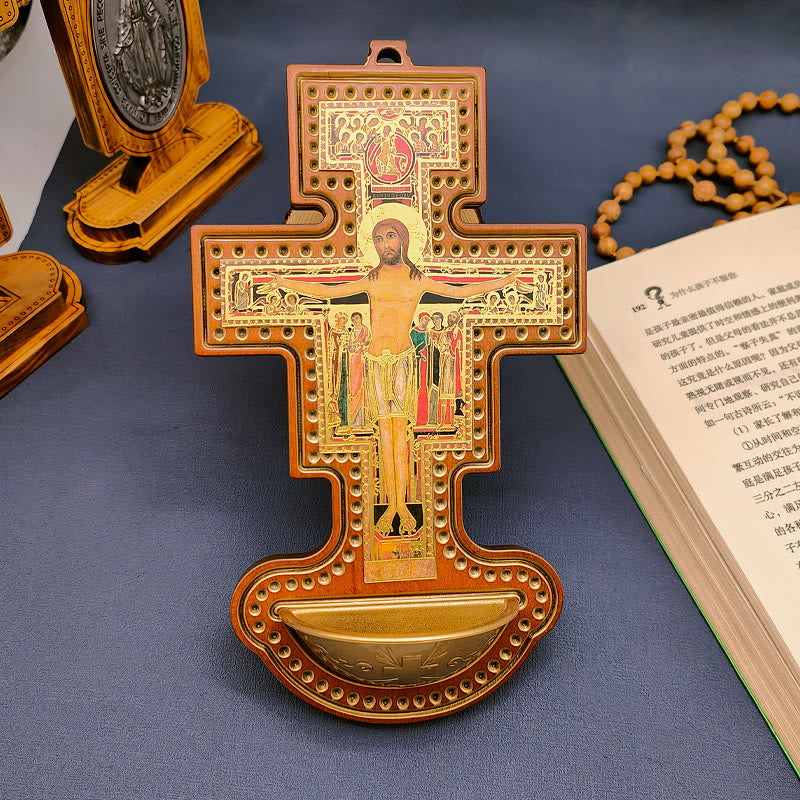 Christiandiscipleshop Damian Holy Water Font Station of the Cross Olive Wood Cross