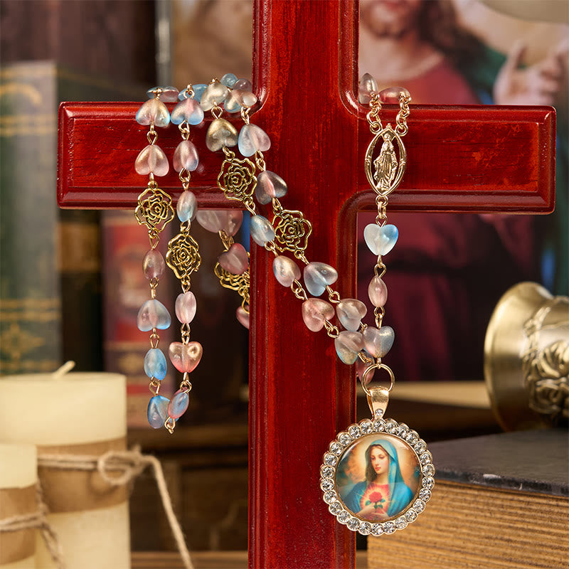 christiandiscipleshop Miraculous Medal & Immaculate Heart of 10mm Heart Rose Multicolor Glass Alloy Chain Rosary