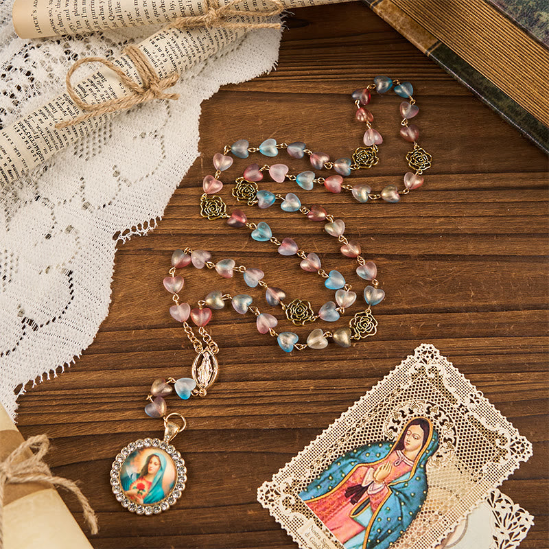 christiandiscipleshop Miraculous Medal & Immaculate Heart of 10mm Heart Rose Multicolor Glass Alloy Chain Rosary