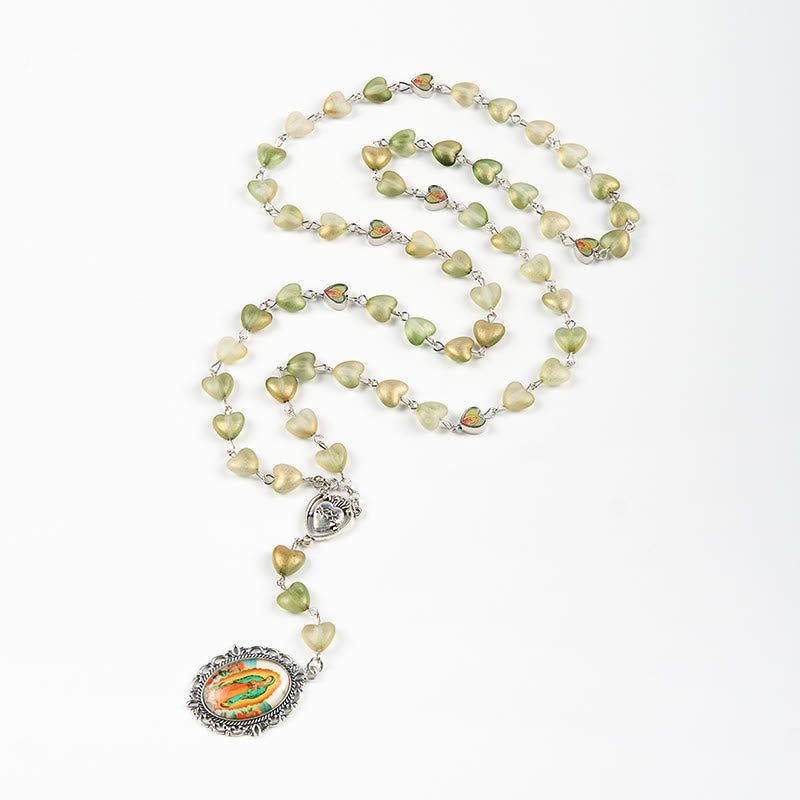 christiandiscipleshop Heart of Thorns & Our Lady of Guadalupe of 10mm Heart Green Glass Alloy Chain Rosary