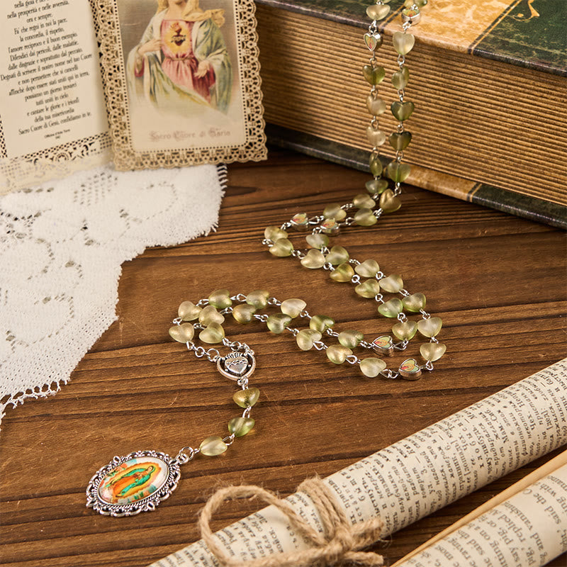 christiandiscipleshop Heart of Thorns & Our Lady of Guadalupe of 10mm Heart Green Glass Alloy Chain Rosary