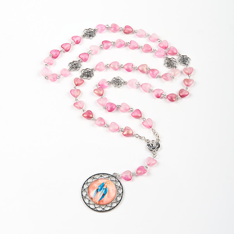 Christiandiscipleshop Rose & Miraculous Medal of 10mm Heart Rose Pink Glass Alloy Chain Rosary