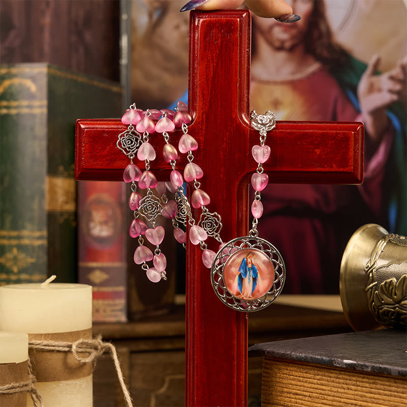 Christiandiscipleshop Rose & Miraculous Medal of 10mm Heart Rose Pink Glass Alloy Chain Rosary