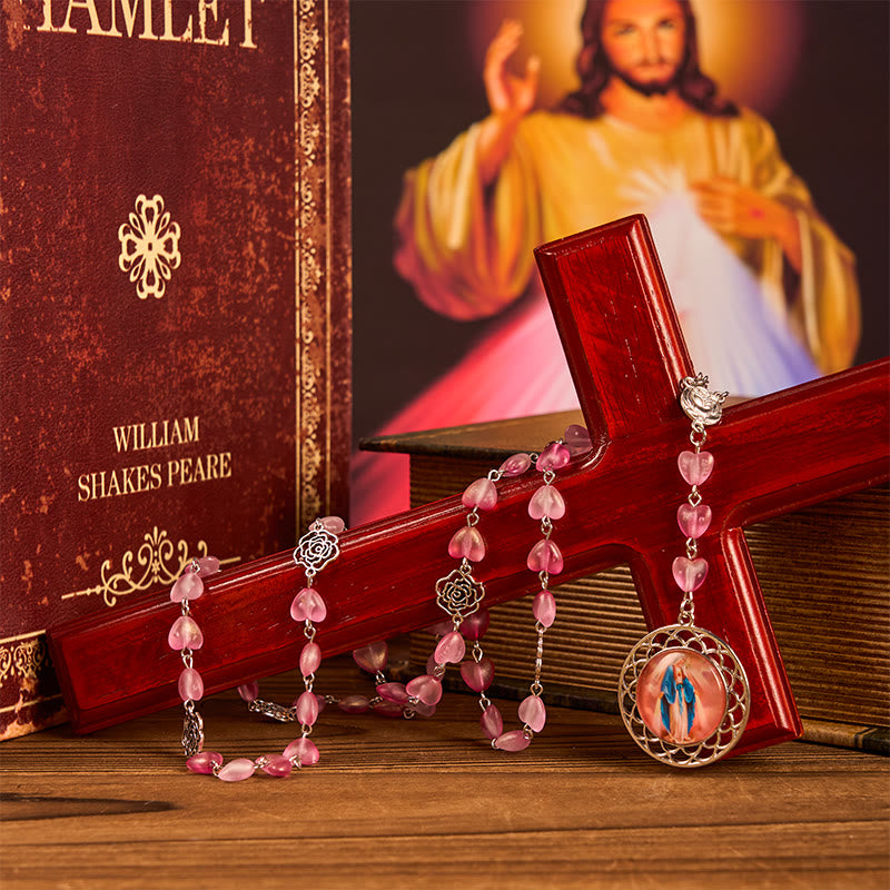 Christiandiscipleshop Rose & Miraculous Medal of 10mm Heart Rose Pink Glass Alloy Chain Rosary