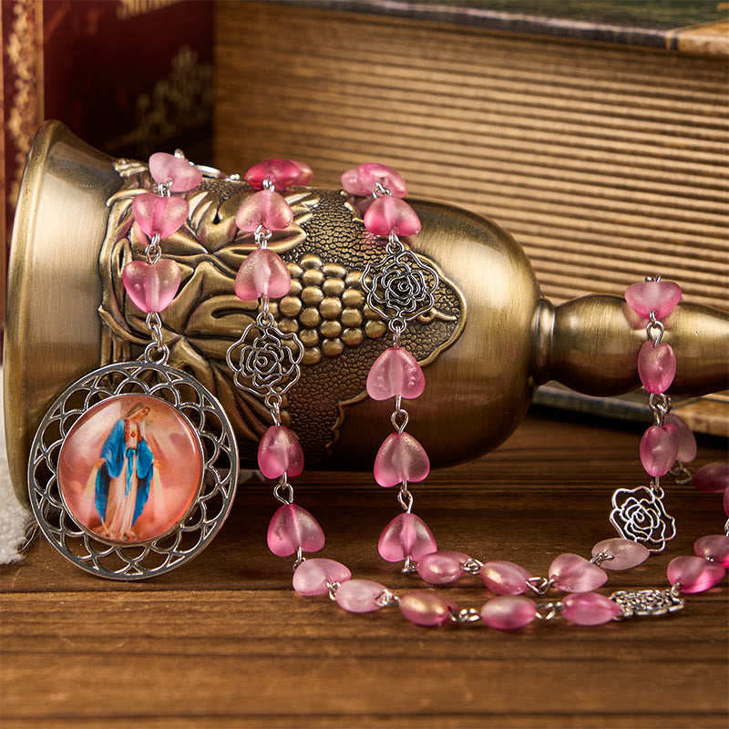 Christiandiscipleshop Rose & Miraculous Medal of 10mm Heart Rose Pink Glass Alloy Chain Rosary