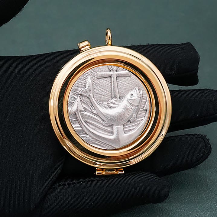 Christiandiscipleshop Gold-Plated Pyx with Fish and Anchor Design – Portable and Elegant Eucharistic Holder
