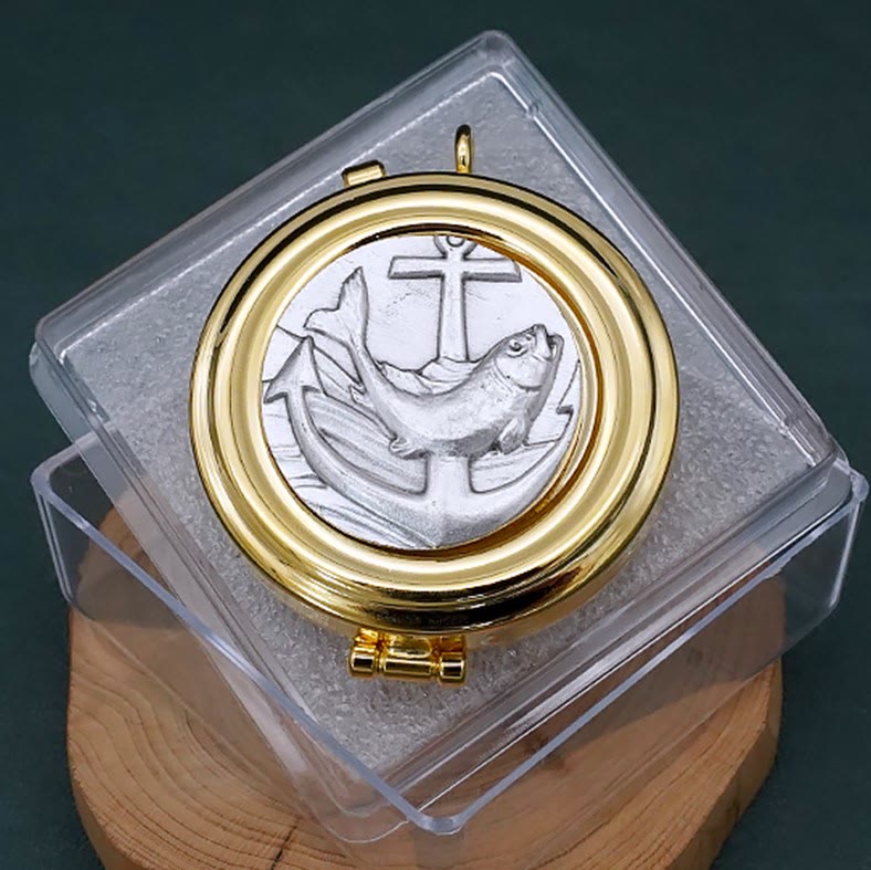 Christiandiscipleshop Gold-Plated Pyx with Fish and Anchor Design – Portable and Elegant Eucharistic Holder