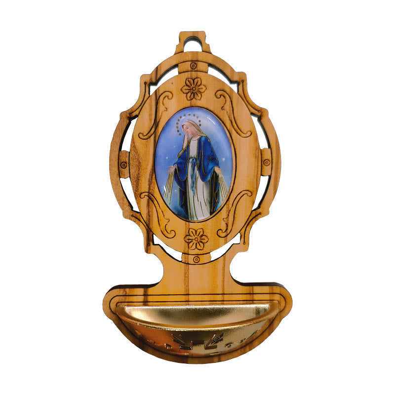 christiandiscipleshop Miraculous Medal Holy Water Font Olive Wood Assumption of Our Lady
