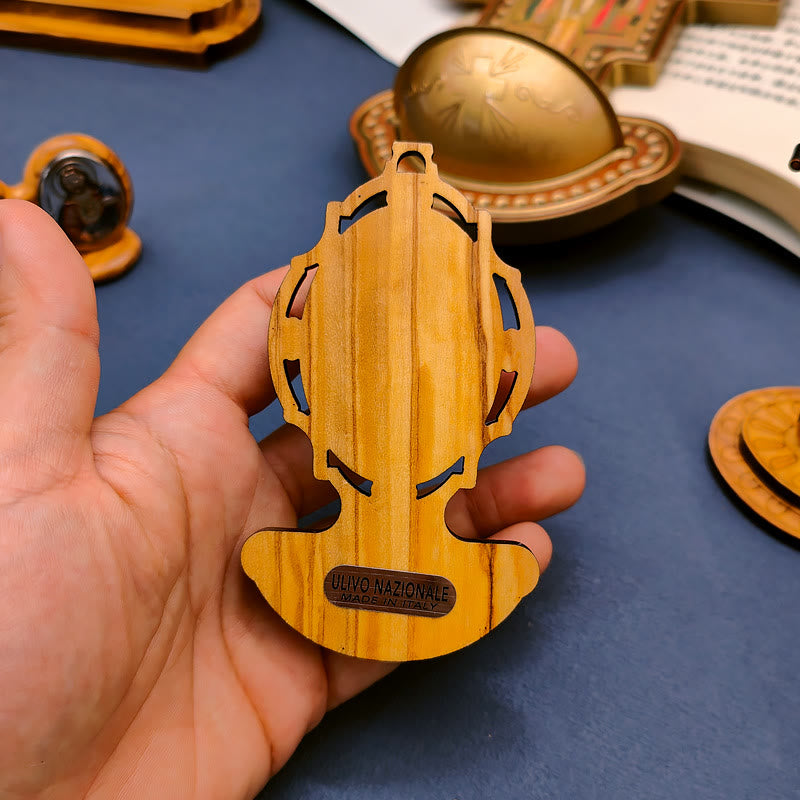 christiandiscipleshop Miraculous Medal Holy Water Font Olive Wood Assumption of Our Lady