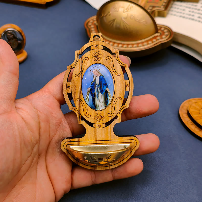 christiandiscipleshop Miraculous Medal Holy Water Font Olive Wood Assumption of Our Lady