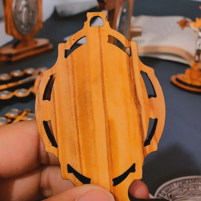 christiandiscipleshop Miraculous Medal Holy Water Font Olive Wood Assumption of Our Lady