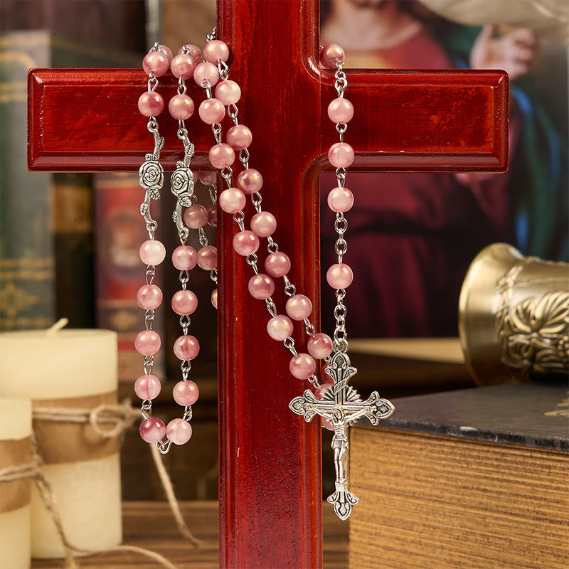 Christiandiscipleshop Our Lady & Crucifix of 8mm Round Rose Pink Alloy Chain Rosary