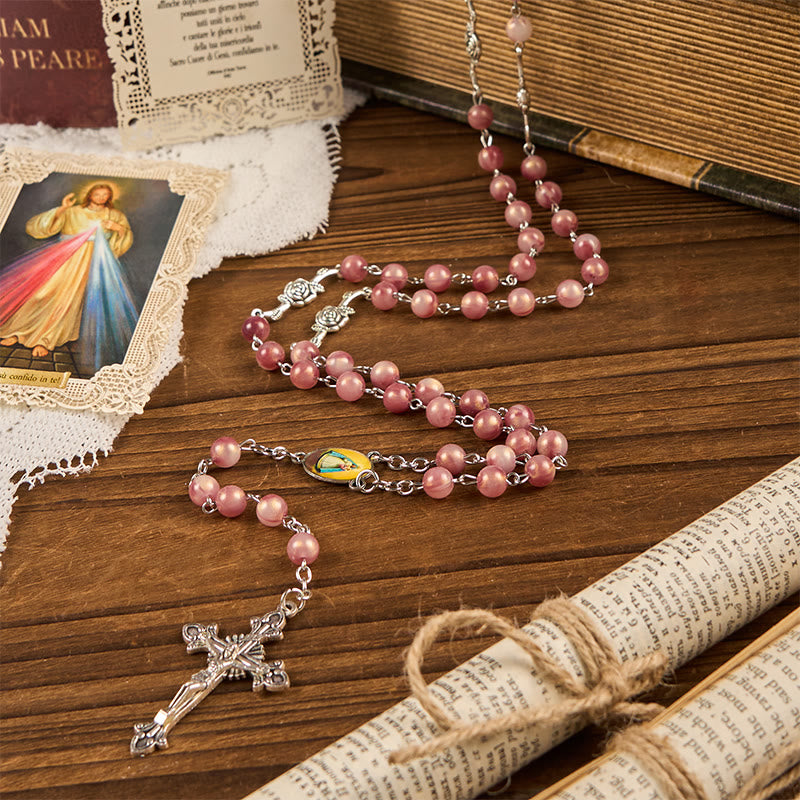 Christiandiscipleshop Our Lady & Crucifix of 8mm Round Rose Pink Alloy Chain Rosary