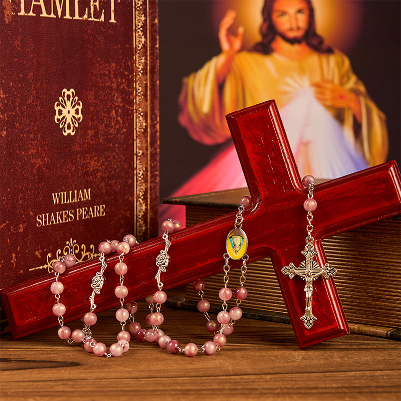 Christiandiscipleshop Our Lady & Crucifix of 8mm Round Rose Pink Alloy Chain Rosary