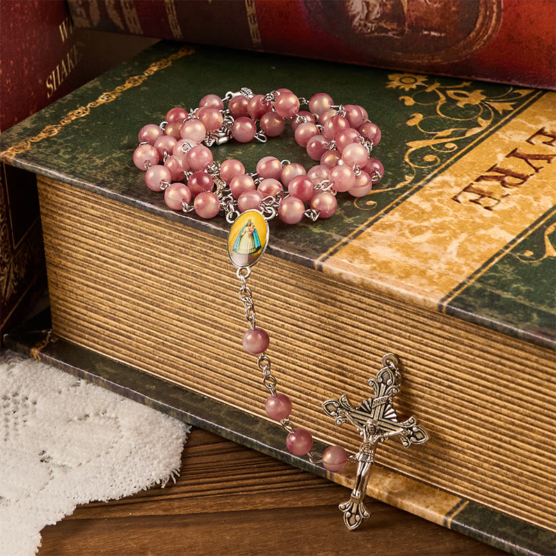 Christiandiscipleshop Our Lady & Crucifix of 8mm Round Rose Pink Alloy Chain Rosary