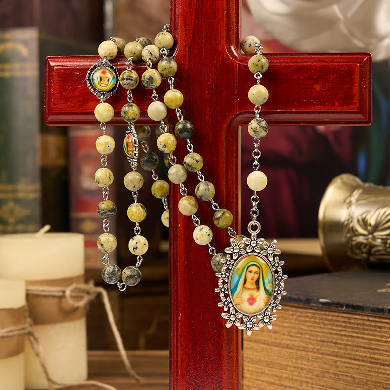 christiandiscipleshop Miraculous Medal & Immaculate Heart of 8mm Round Stone Yellow Alloy Chain Rosary