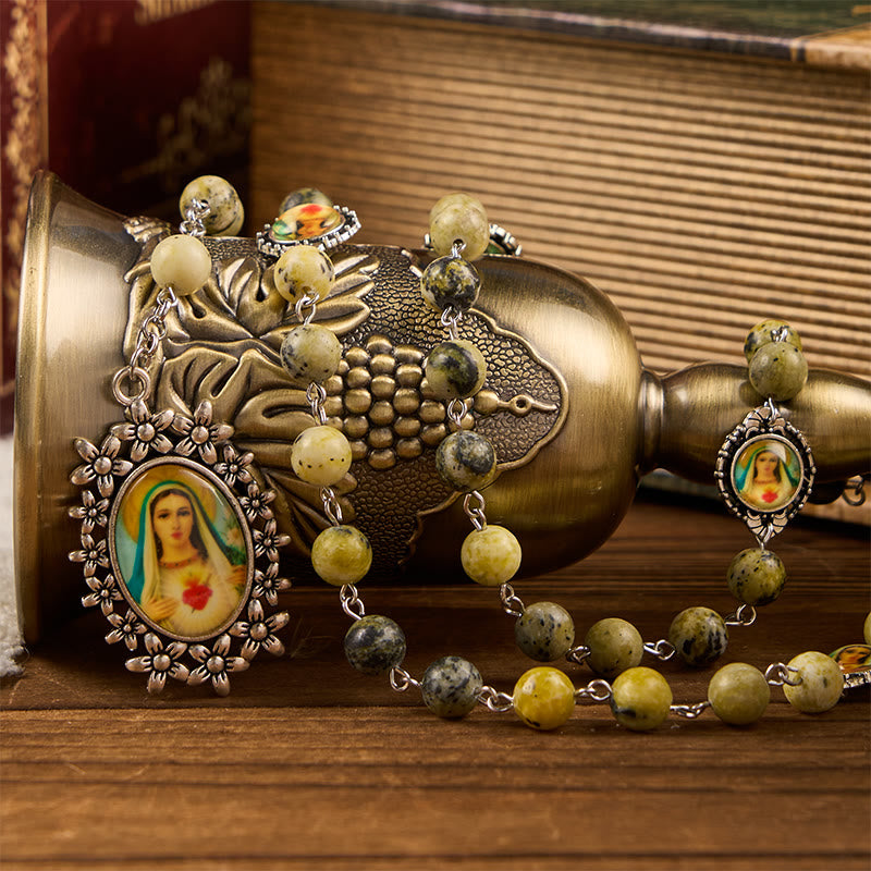 christiandiscipleshop Miraculous Medal & Immaculate Heart of 8mm Round Stone Yellow Alloy Chain Rosary