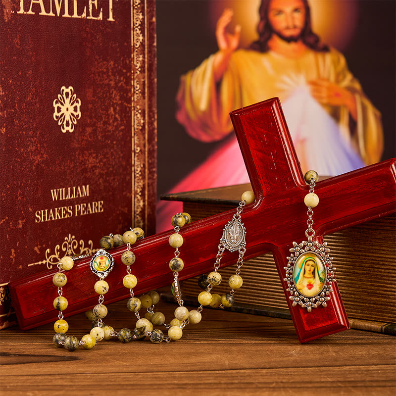 christiandiscipleshop Miraculous Medal & Immaculate Heart of 8mm Round Stone Yellow Alloy Chain Rosary