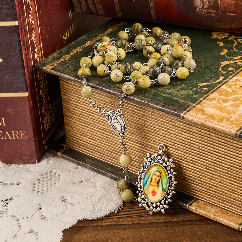 christiandiscipleshop Miraculous Medal & Immaculate Heart of 8mm Round Stone Yellow Alloy Chain Rosary