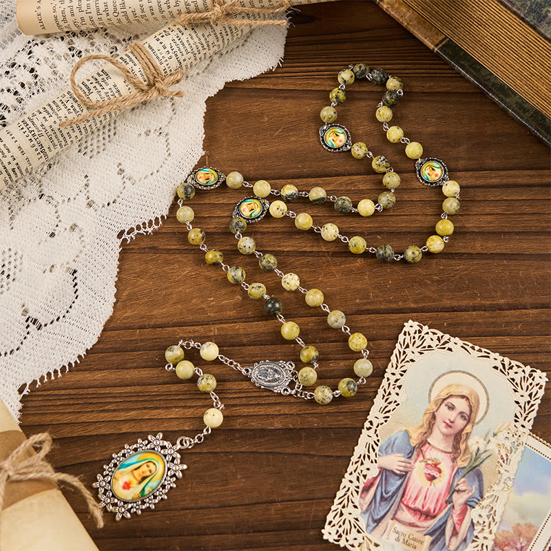 christiandiscipleshop Miraculous Medal & Immaculate Heart of 8mm Round Stone Yellow Alloy Chain Rosary