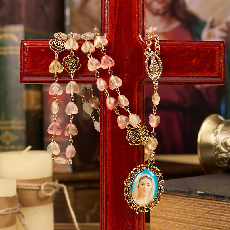 christiandiscipleshop Miraculous Medal & Our Lady of 10mm Heart Rose Glass Alloy Chain Rosary