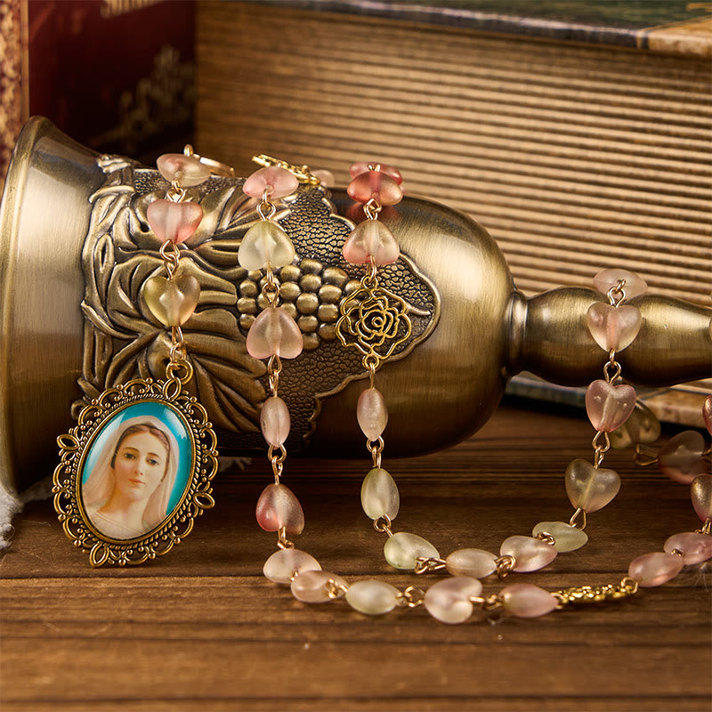 christiandiscipleshop Miraculous Medal & Our Lady of 10mm Heart Rose Glass Alloy Chain Rosary