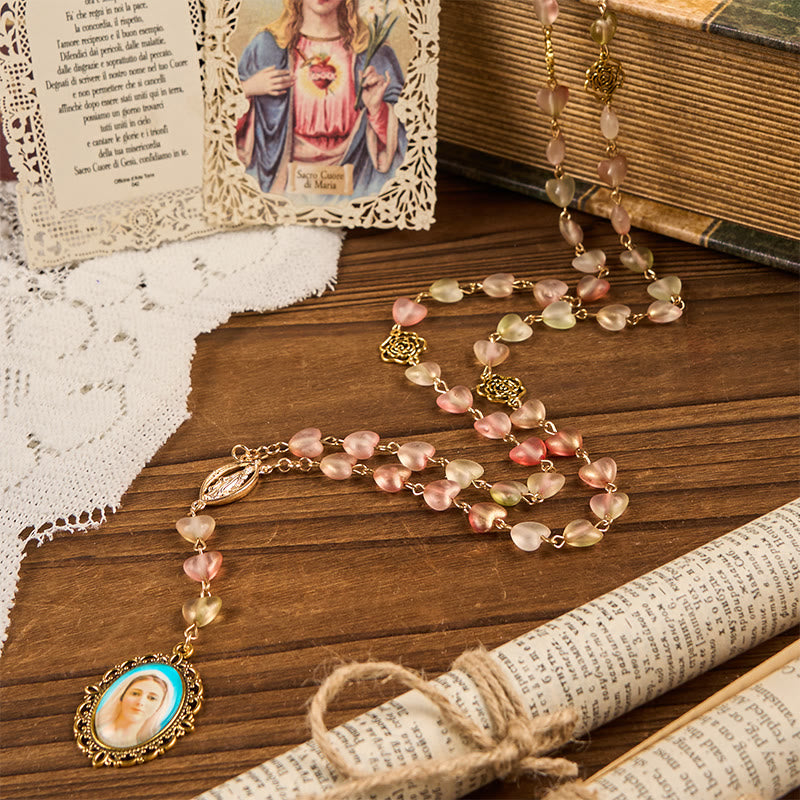 christiandiscipleshop Miraculous Medal & Our Lady of 10mm Heart Rose Glass Alloy Chain Rosary