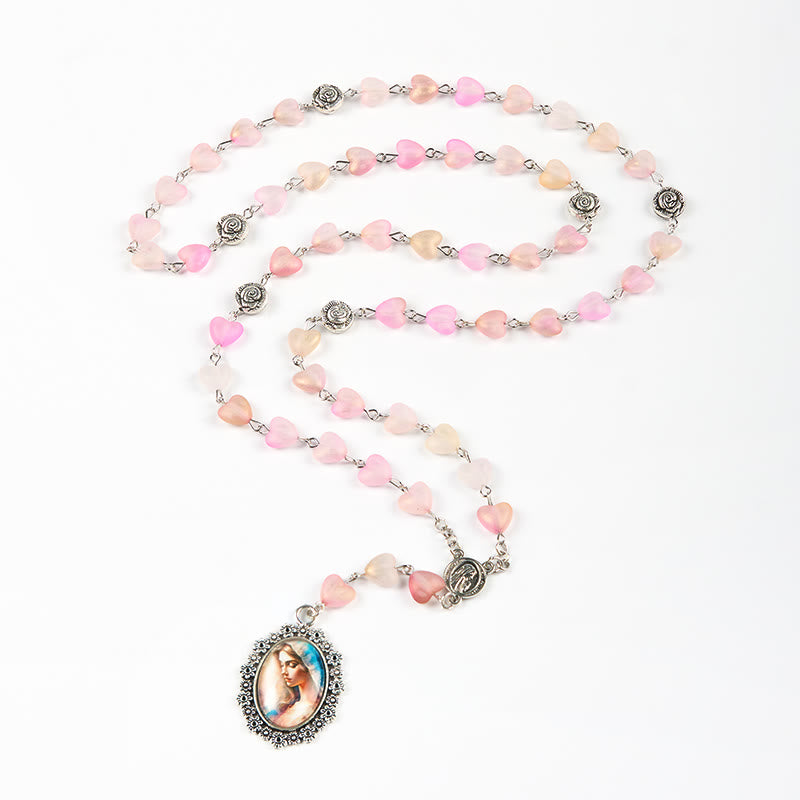 Christiandiscipleshop Praying Mary & Our Lady of 10mm Heart Rose Glass Pink Alloy Chain Rosary
