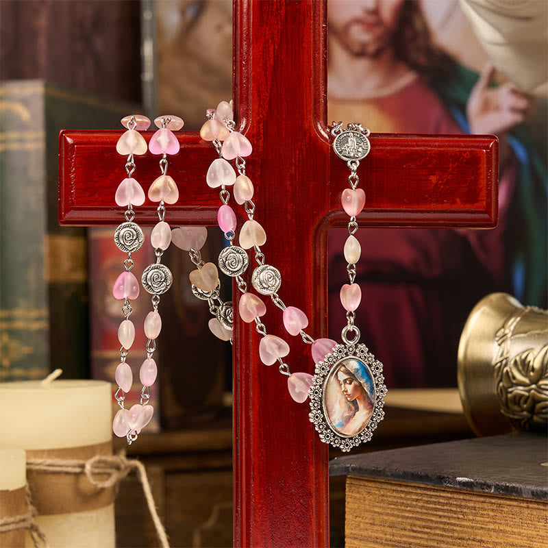 Christiandiscipleshop Praying Mary & Our Lady of 10mm Heart Rose Glass Pink Alloy Chain Rosary