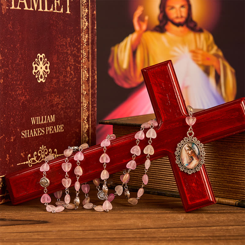 Christiandiscipleshop Praying Mary & Our Lady of 10mm Heart Rose Glass Pink Alloy Chain Rosary