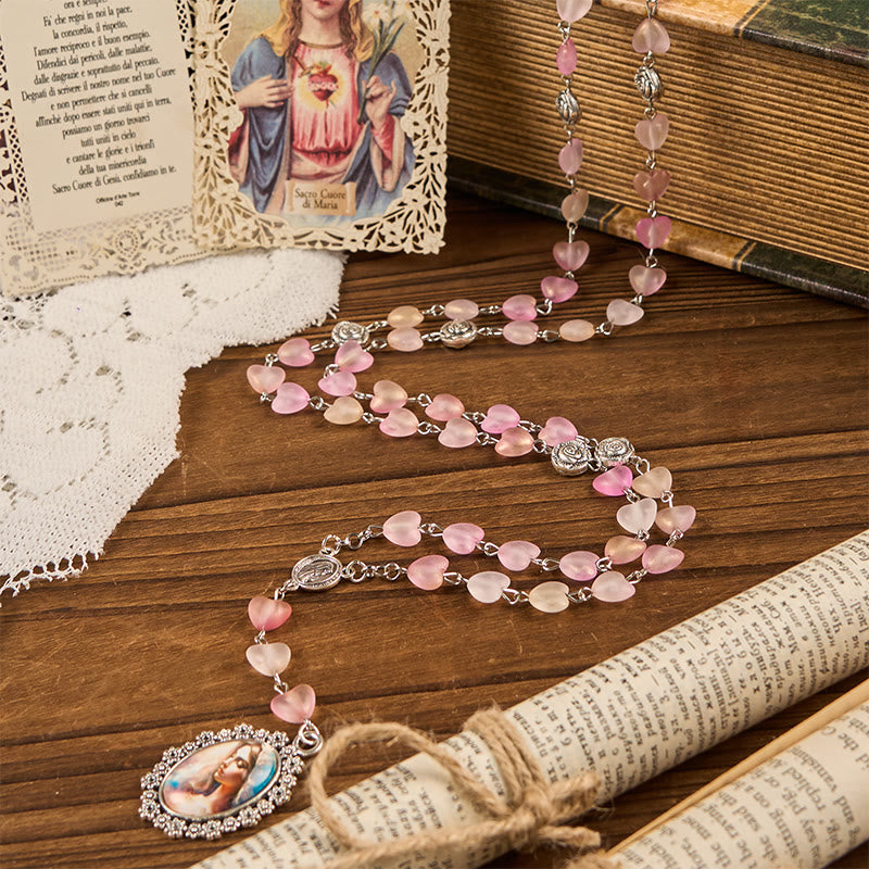 Christiandiscipleshop Praying Mary & Our Lady of 10mm Heart Rose Glass Pink Alloy Chain Rosary