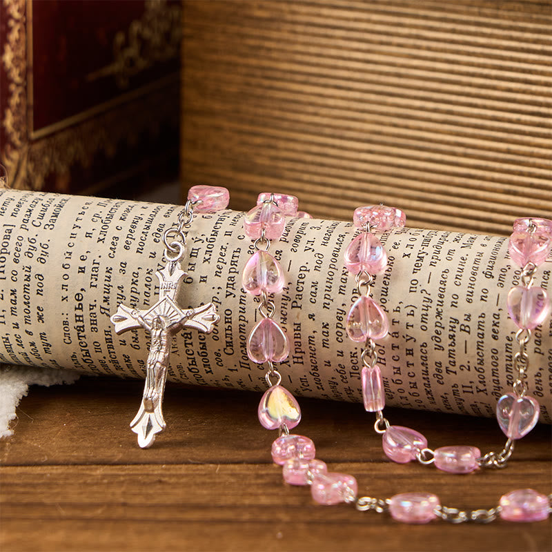 Christiandiscipleshop Our Lady & Crucifix of 8mm Heart Acrylic Pink Alloy Chain Rosary