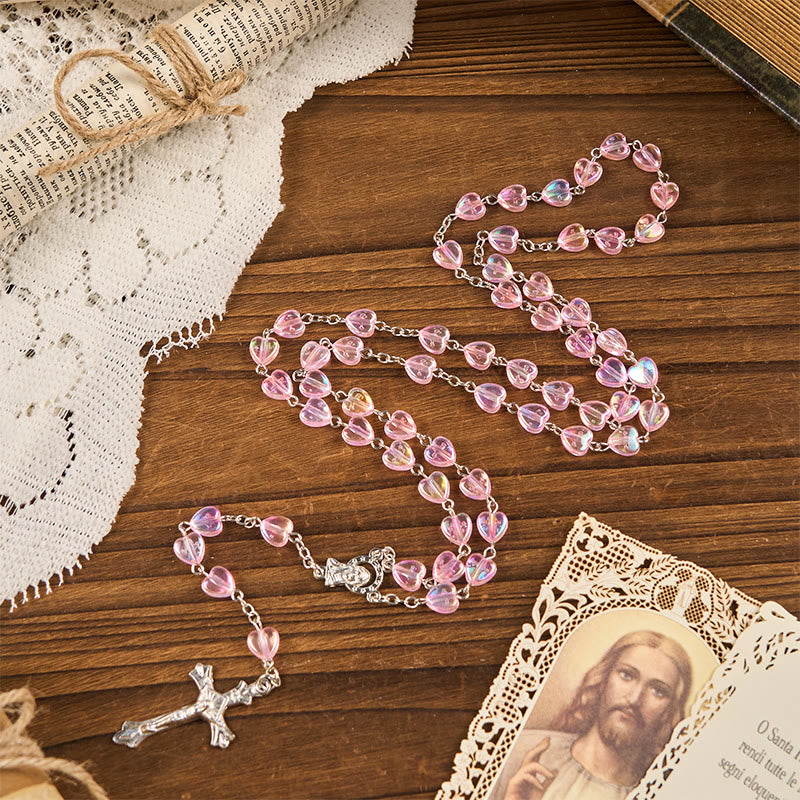 Christiandiscipleshop Our Lady & Crucifix of 8mm Heart Acrylic Pink Alloy Chain Rosary