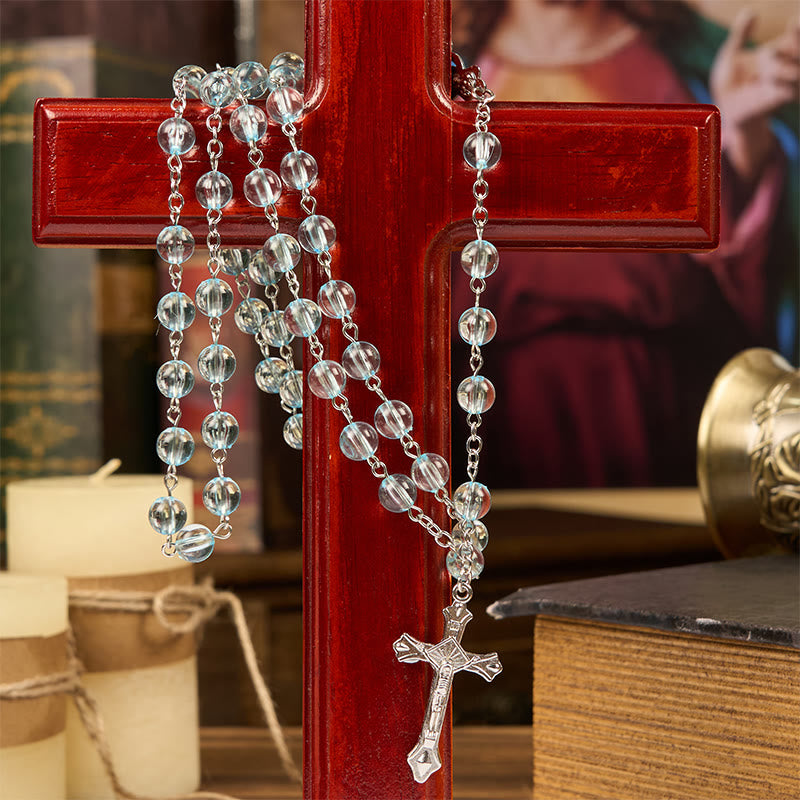Christiandiscipleshop Our Lady & Crucifix of 8mm Round Glass Blue Alloy Chain Rosary