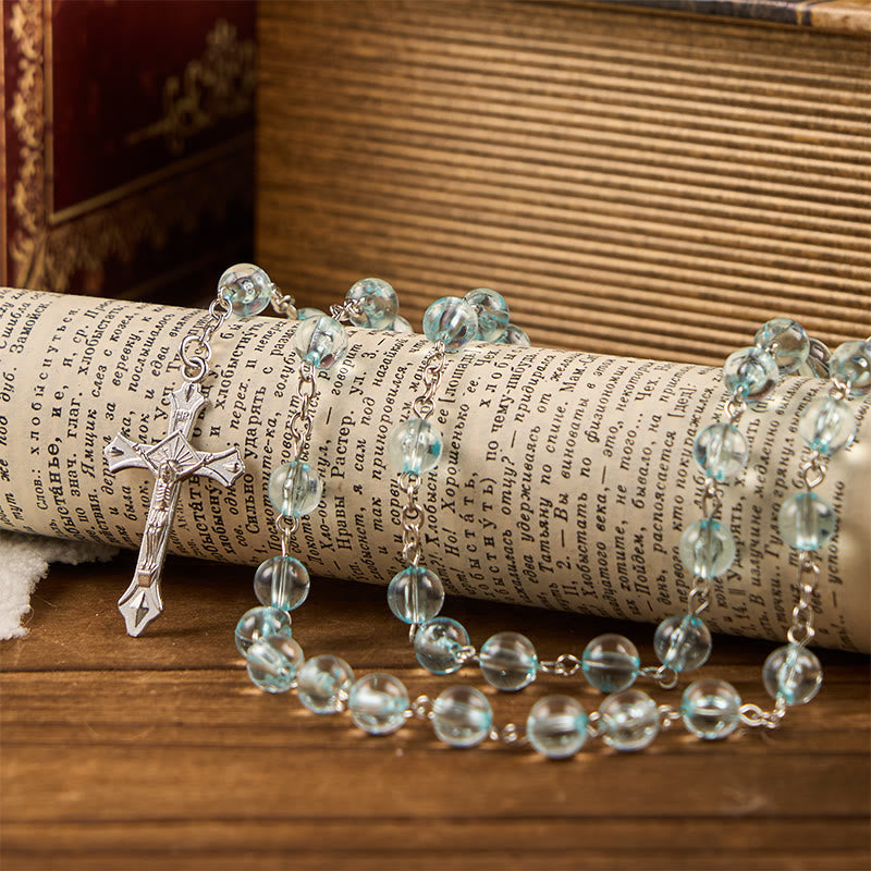 Christiandiscipleshop Our Lady & Crucifix of 8mm Round Glass Blue Alloy Chain Rosary