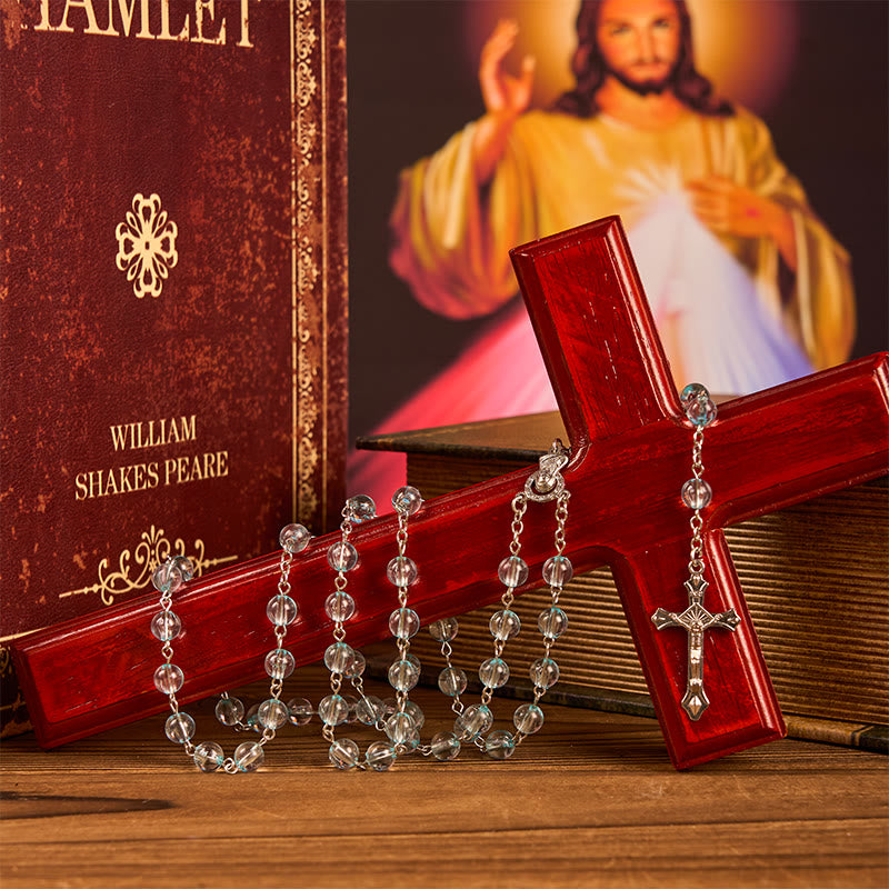 Christiandiscipleshop Our Lady & Crucifix of 8mm Round Glass Blue Alloy Chain Rosary