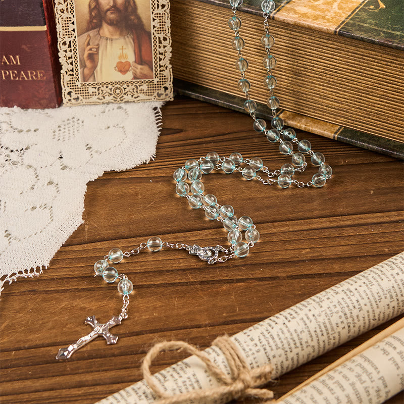 Christiandiscipleshop Our Lady & Crucifix of 8mm Round Glass Blue Alloy Chain Rosary