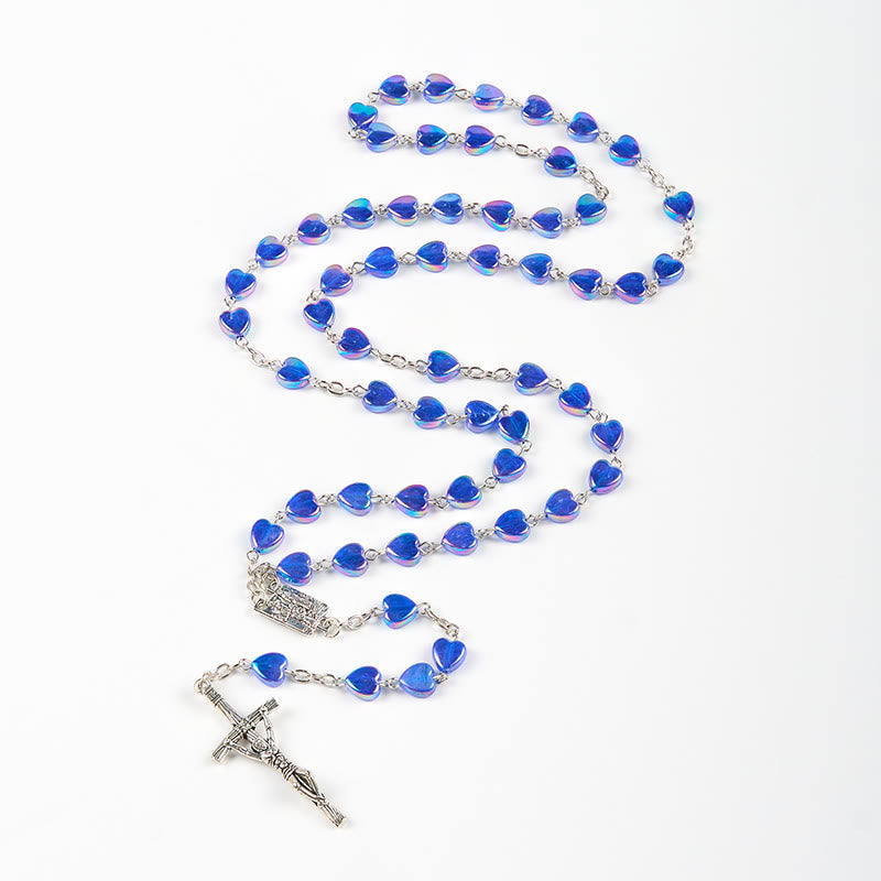 Christiandiscipleshop Our Lady & Crucifix of 8mm Heart Acrylic Blue Alloy Chain Rosary