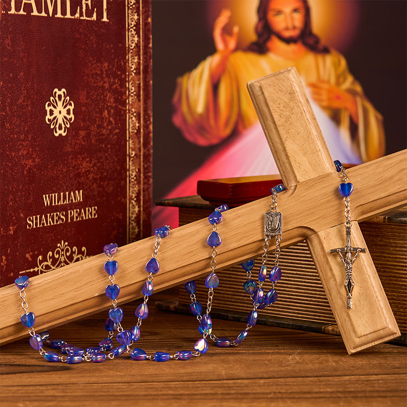 Christiandiscipleshop Our Lady & Crucifix of 8mm Heart Acrylic Blue Alloy Chain Rosary