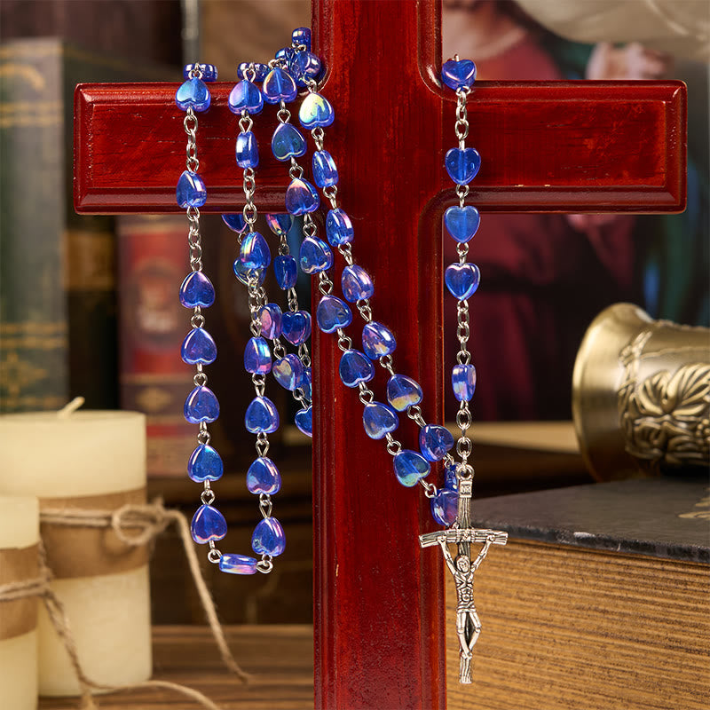 Christiandiscipleshop Our Lady & Crucifix of 8mm Heart Acrylic Blue Alloy Chain Rosary