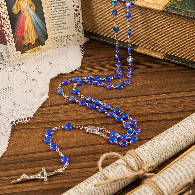 Christiandiscipleshop Our Lady & Crucifix of 8mm Heart Acrylic Blue Alloy Chain Rosary
