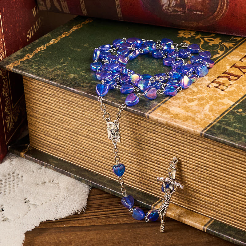 Christiandiscipleshop Our Lady & Crucifix of 8mm Heart Acrylic Blue Alloy Chain Rosary
